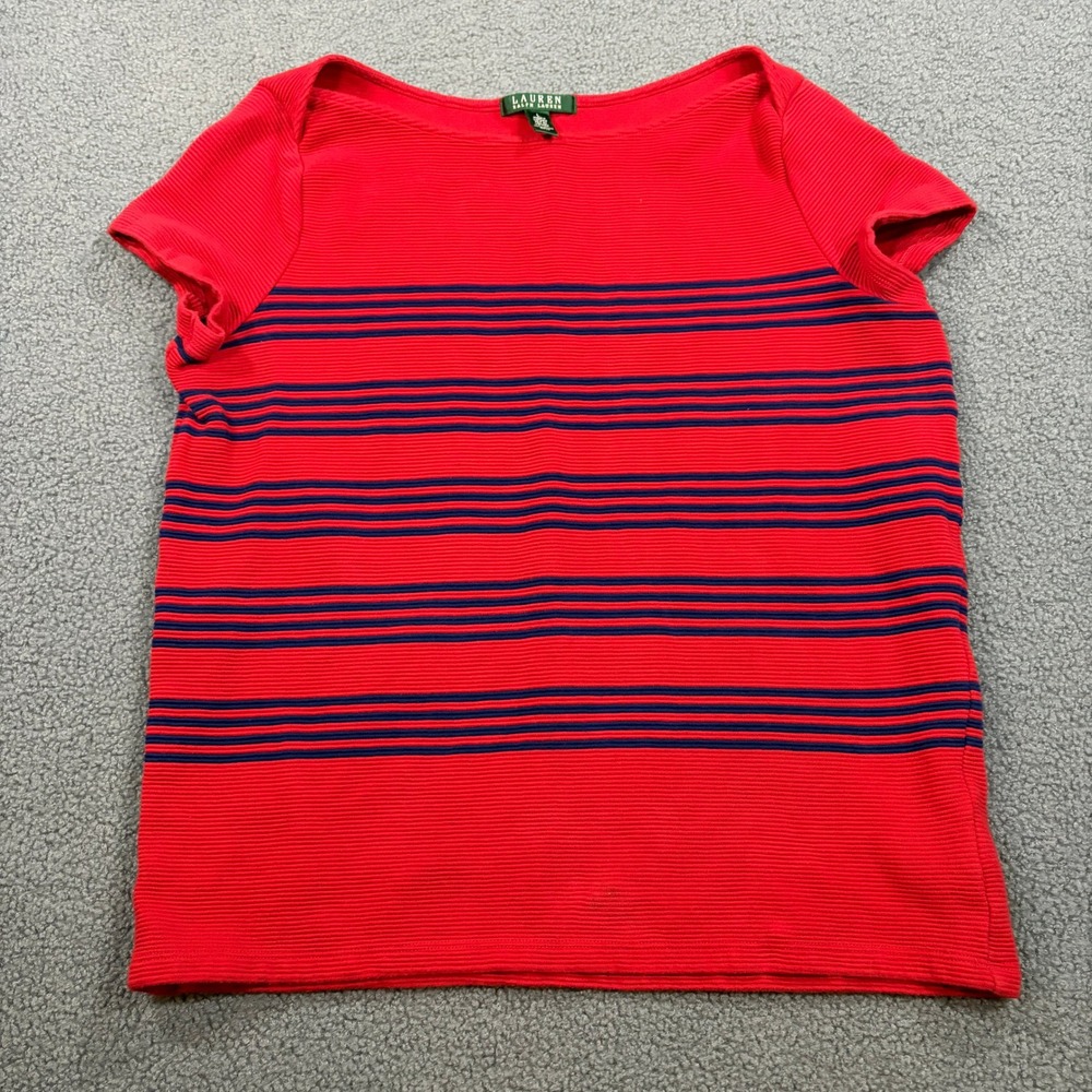 Lauren Ralph Lauren Top Womens L Red Striped Boat Neck Ribbed Short Sleeve Shirt